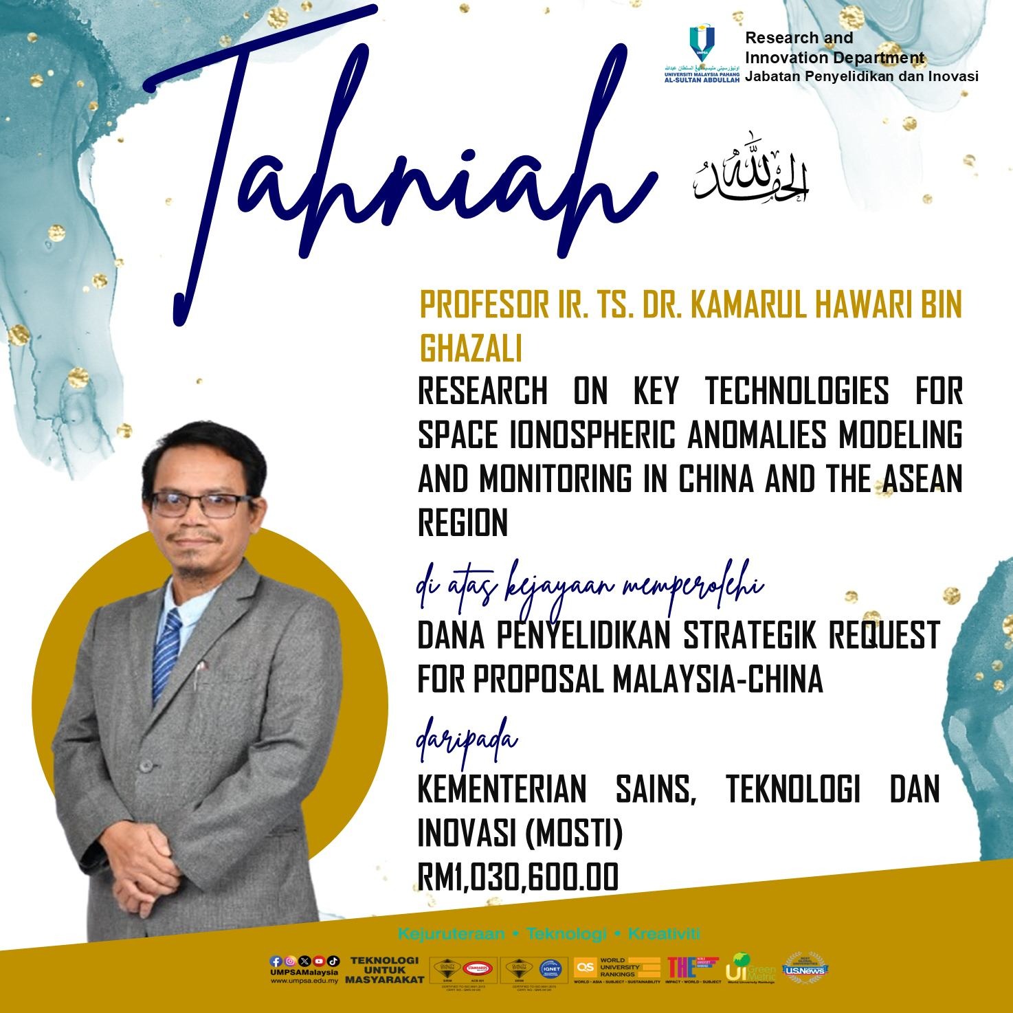Syabas dan tahniah diucapkan kepada Profesor Ir. Ts. Dr. Kamarul Hawari bin Ghazali